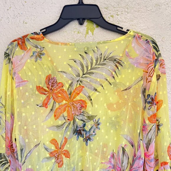 NWOT Beach Cover-Up Dress Sheer Yellow Tropical Floral with Pom-Pom Trim, Size M - Picture 4 of 9